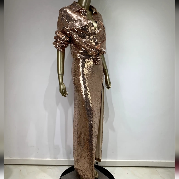 Sexy Turn-down Collar Long Sleeve Gold Mesh Sequins Midi Skirt Set - Picture 8 of 10